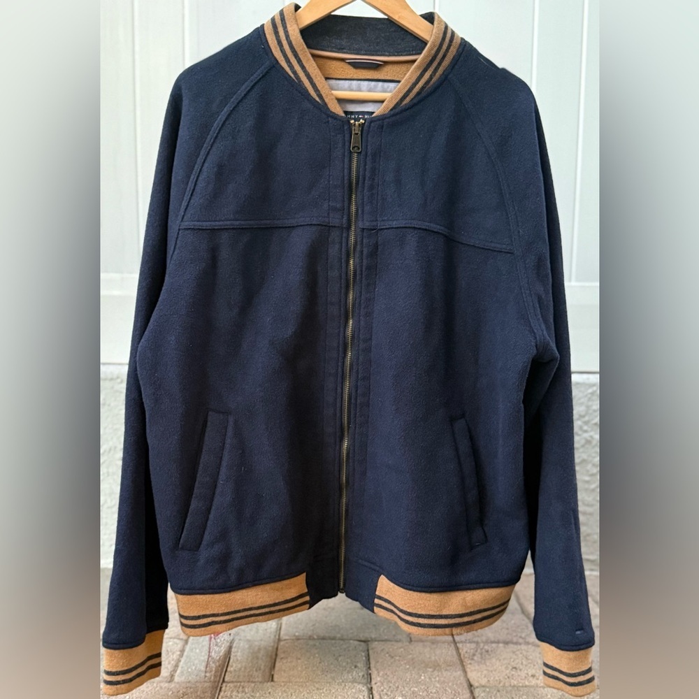 Tommy Hilfiger Wool Varsity Bomber Jacket XXL Navy Camel Zip-Up Fleece Lined